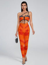 2pcs/Set Fashionable Bandage Print Tie-Up Shoulder Blouse And Skinny Pants